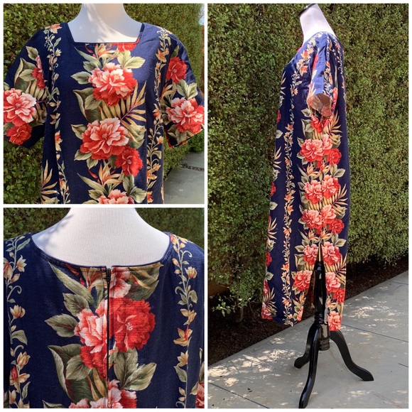 🌺 Vintage Hawaiian Barkcloth Mumu Dress Navy - Picture 2 of 8